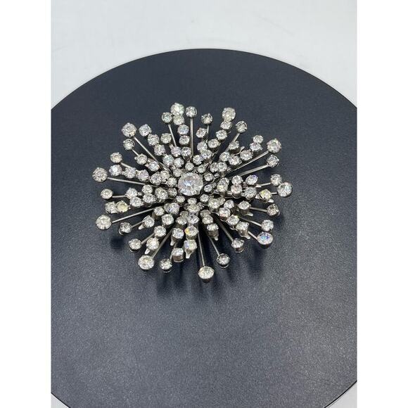 Sputnik Vintage Starburst Cluster Pin Brooch Bright Sparkling Clear Rhinestones - Picture 3 of 9